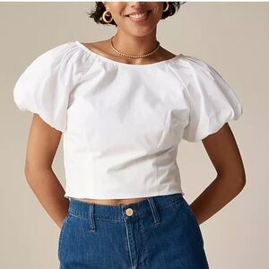 NEW J. CREW Cropped and Fitted puff-sleeve‎ top in white cotton Size 8